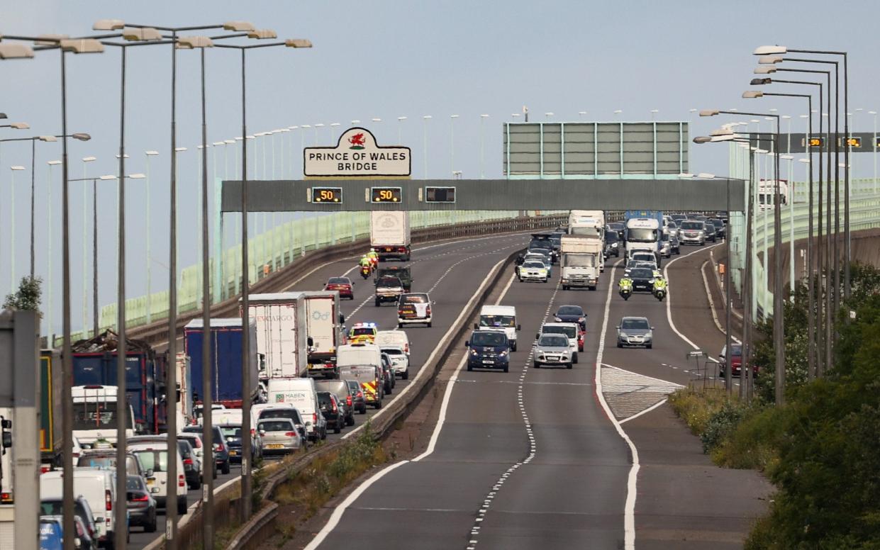 Traffic crawls slowly along the M4 on Monday towards the Prince of Wales bridge in a rolling blockade held by protesters - Tom Wren, SWNS