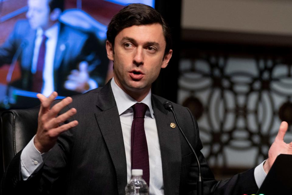 Sen. Jon Ossoff, D-GA, speaks at a Senate Homeland Security and Governmental Affairs & Senate Rules and Administration joint hearing on Capitol Hill, Washington, DC, February 23, 2021, to examine the January 6th attack on the Capitol. (Photo by Andrew Harnik / POOL / AFP) (Photo by ANDREW HARNIK/POOL/AFP via Getty Images)