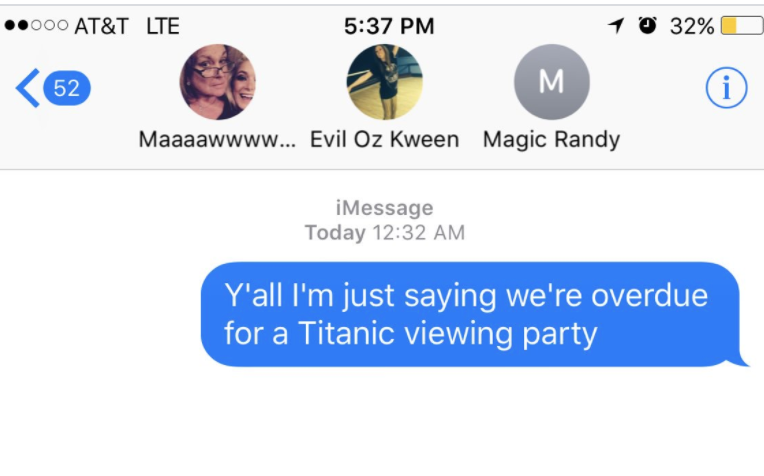 A family group text where someone suggests thy are way overdue for a "Titanic" viewing party