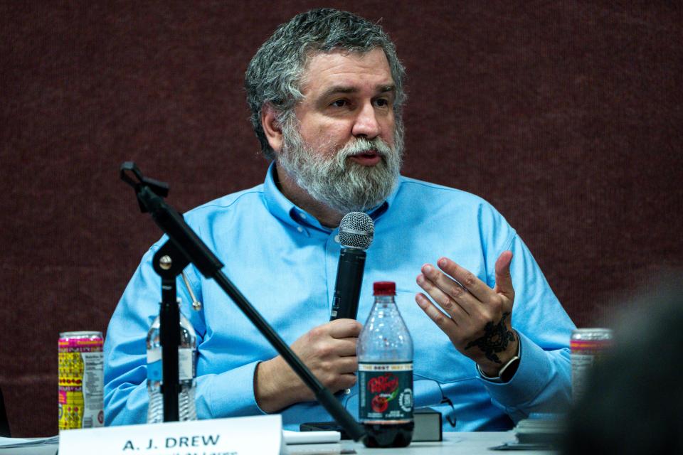 A J Drew speaks during a Des Moines City Council forum hosted by the Des Moines NAACP chapter at Corinthian Baptist Church on Tuesday, Oct. 17, 2023, in Des Moines.