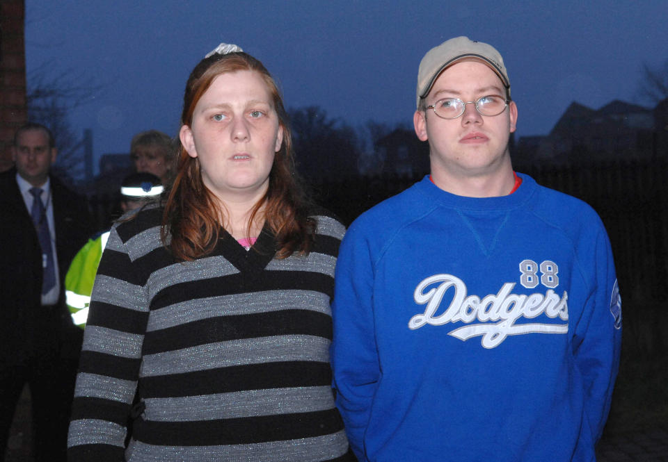 Karen Matthews mum of missing Shannon Matthews with partner Craig Meehan on the doorstep of their house in Dewsbury.