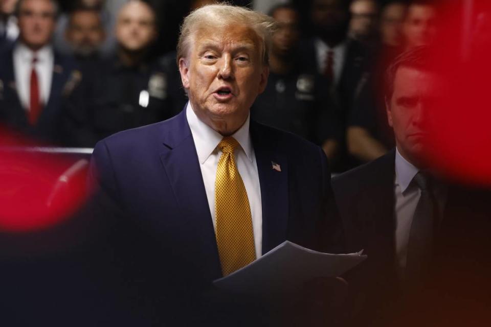 Former President Donald Trump gives end of the day remarks May 14 after exiting the courtroom during his trial in New York City.