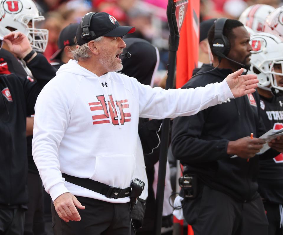 Utah Utes coach Kyle Whittingham shouts instruction in Salt Lake City on Saturday, Nov. 25, 2023. Utah won 23-17. | Jeffrey D. Allred, Deseret News