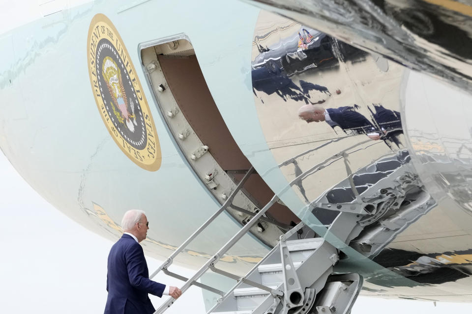 FILE - President Joe Biden boards Air Force One at Dallas Fort Worth International Airport, March 21, 2024, in Dallas, en route to Houston. The White House and the Democratic National Committee are splitting the cost of Biden’s travel while he runs for a second term. It’s part of a longstanding arrangement that prevents taxpayers from being stuck with the full bill for political trips. (AP Photo/Jacquelyn Martin, File)