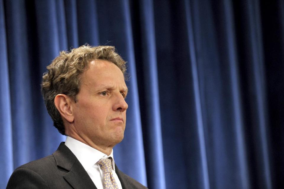 Treasury Secretary Timothy Geithner listens during a news conference on the Social Security and Medicare Trustees Reports, Monday, April 23, 2012, at the Treasury Department in Washington. Trustees update forecasts for the government's two largest benefit programs, which are laboring under the weight of retiring baby boomers, revenue shortages and politicians' reluctance to take painful action to fix them. (AP Photo/Susan Walsh)