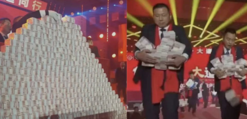 Imágenes de la fiesta en la que el propietario de una empresa china repartió 9 millones de dólares en bonos, obligando a los propios trabajadores a tomarlos ellos mismos de una montaña gigante de efectivo. Foto: pantallazos videos de Weibo.