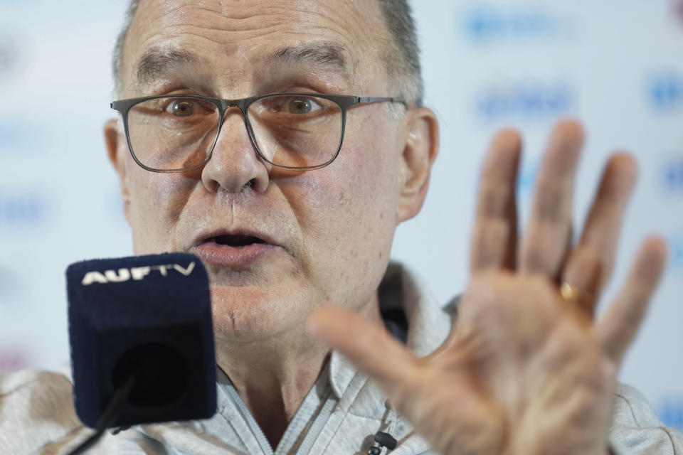 Uruguay national soccer team coach Marcelo Bielsa speaks during a press conference in Montevideo, Uruguay, Saturday, Sept. 2, 2023. Uruguay will face Chile on a qualifying soccer match for the FIFA World Cup 2026 on Friday. (AP Photo/Matilde Campodonico)