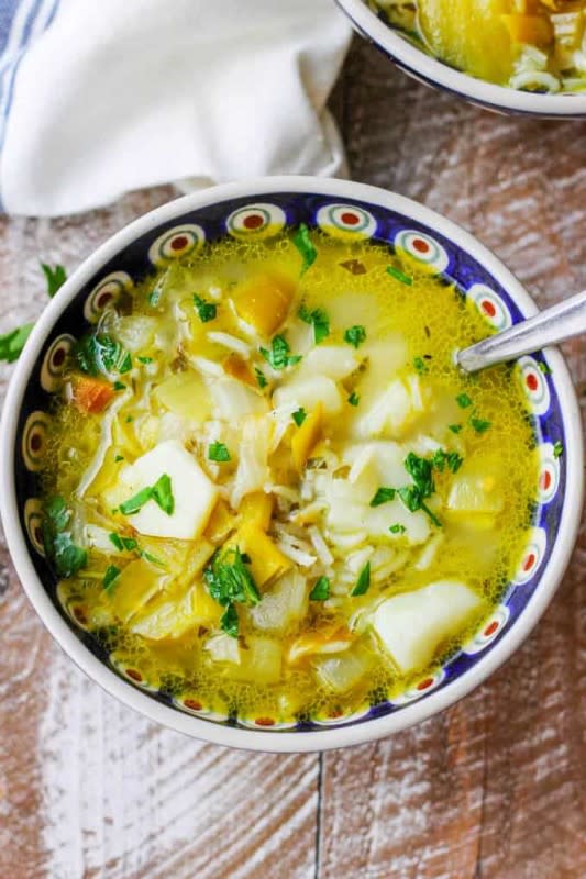 <p>Eating European</p><p>This chunky potato leek soup with sliced potatoes, leeks, onions, rice and cheese will be a quick favorite!</p><p><strong>Get the recipe: <a href="https://eatingeuropean.com/chunky-potato-leek-soup-recipe/" rel="nofollow noopener" target="_blank" data-ylk="slk:Chunky Potato Leek Soup;elm:context_link;itc:0;sec:content-canvas" class="link rapid-noclick-resp"><em>Chunky Potato Leek Soup</em></a></strong></p>