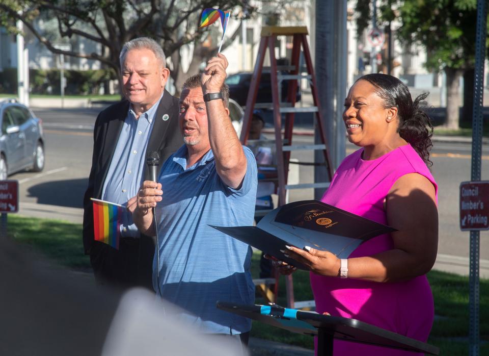 Stockton city Councilmembers Dan Wright, left, Paul Canepa and Kimberly Warmsley were speakers at a ceremony for the raising of the Progressive Pride Flag in front of Stockton City Hall on June 1. Canepa came in first in the District 2 Board of Supervisors race and will proceed to the November election.