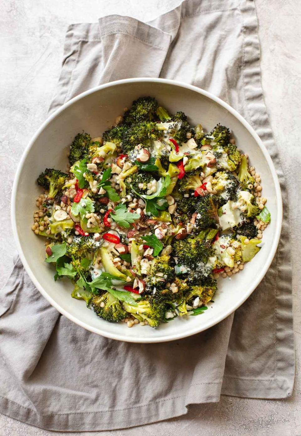 <p>Get the <a href="https://familystylefood.com/roasted-broccoli-salad/" rel="nofollow noopener" target="_blank" data-ylk="slk:Roasted Broccoli Salad with Couscous;elm:context_link;itc:0;sec:content-canvas" class="link ">Roasted Broccoli Salad with Couscous</a> recipe.</p><p>Recipe from <a href="https://familystylefood.com/" rel="nofollow noopener" target="_blank" data-ylk="slk:Family Style Food;elm:context_link;itc:0;sec:content-canvas" class="link ">Family Style Food</a>. </p>