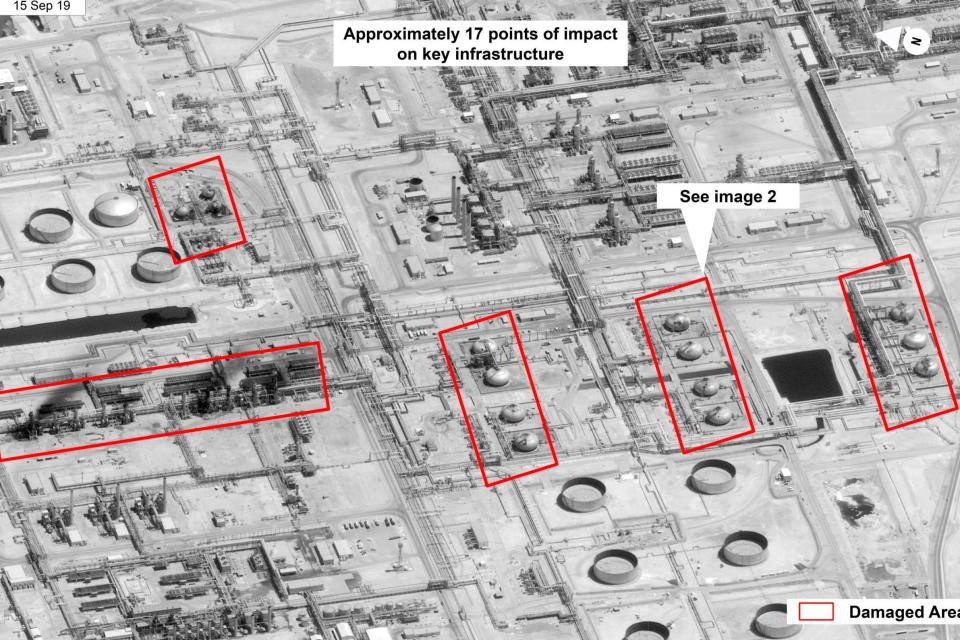 The red areas mark where the drone stikes damaged the petroleum processing facility in Abqaiq. (AP)