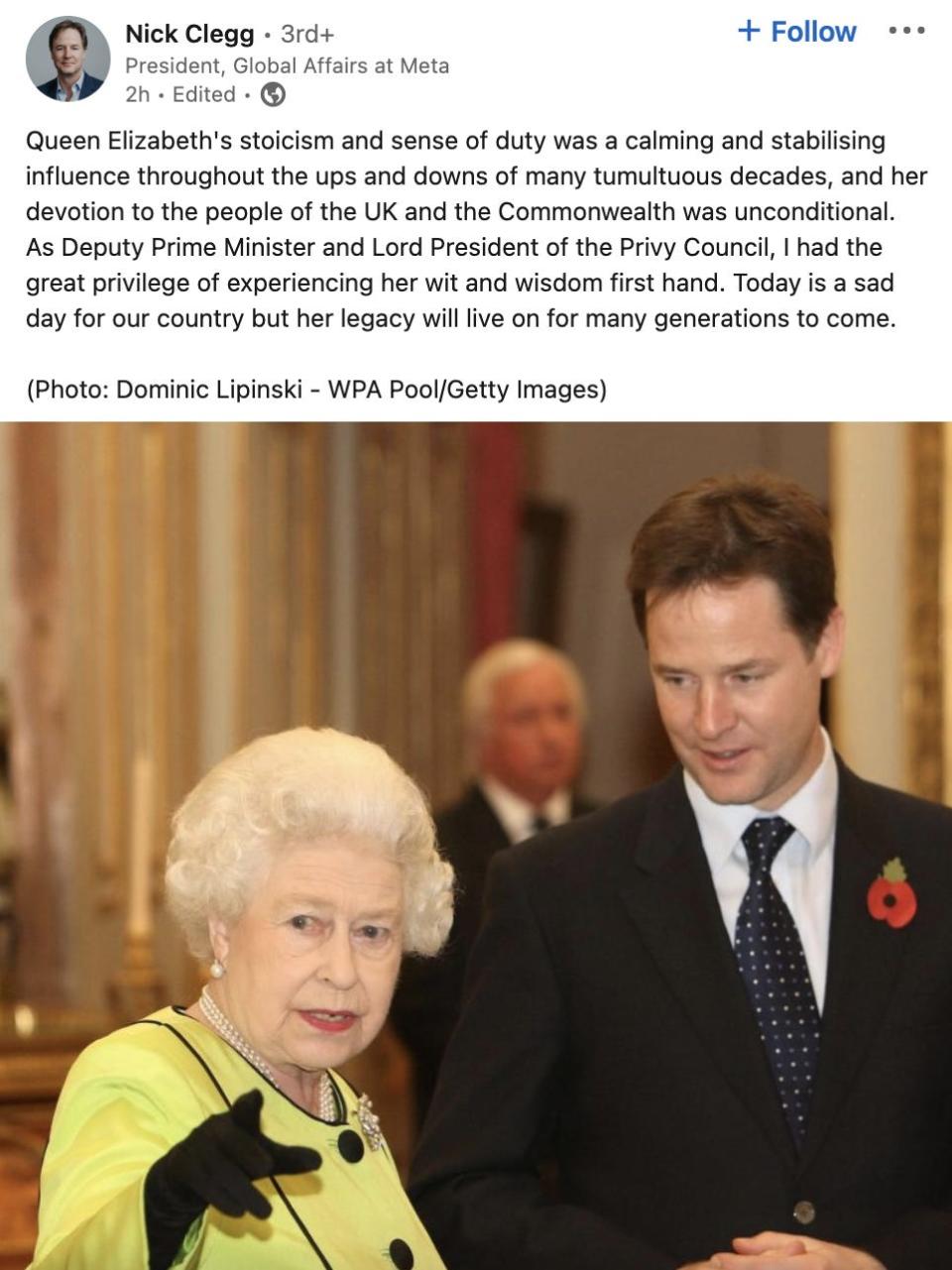 nick clegg queen elizabeth linkedin post