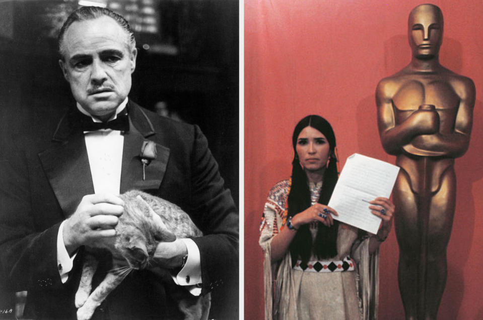 While Marlon Brando wasn't the first person to decline their Oscar, his snubbing of the ceremony following his iconic role in The Godfather was one of the most shocking.Brando, who had already taken home the Best Actor statue once before for his role in the 1955 movie On The Waterfront, was considered a shoo-in for his role as Mafia boss Vito Corleone in 1972's The Godfather. However, Brando refused to accept the award in protest of the way Native Americans were treated in Hollywood.Instead, he sent Native American actor and activist Sacheen Littlefeather onstage to decline the award on his behalf. The 1973 awards were the first time the show had been broadcast internationally, and over 85 million people watched Littlefeather's passionate speech, which came just a month into a standoff between Native American activists and authorities after police killed a Lakota man at the Wounded Knee reservation in South Dakota.