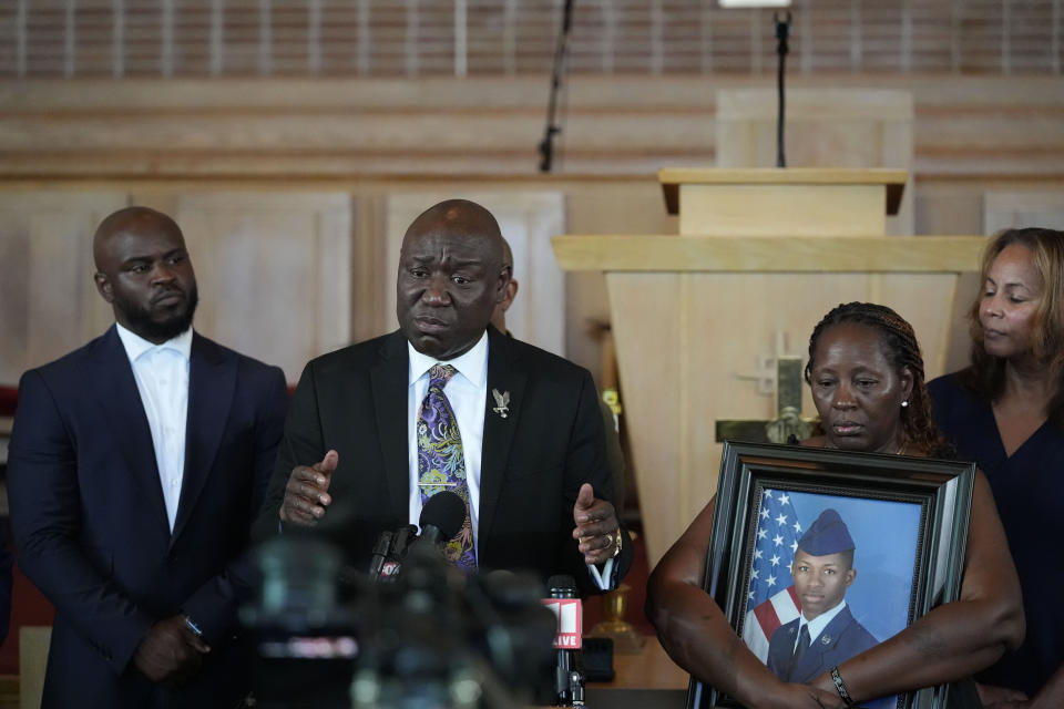 Attorney Ben Crump speaks during a news conference with Chantemekki Fortson, mother of slain Roger Fortson, a U.S. Air Force senior airman on Monday, June 3, 2024, in Atlanta. (AP Photo/Brynn Anderson)