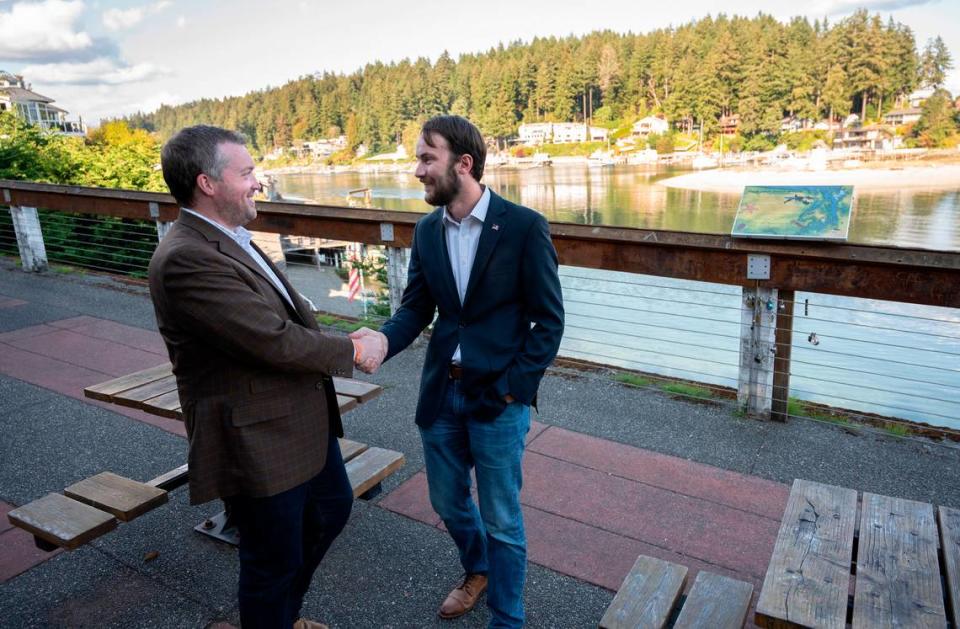 Republican Spencer Hutchins (left) and Democrat Adison Richards are opponents in the 26th District state representative race. They are shown at Old Ferry Dock in Gig Harbor, Washington, on Thursday, Sept. 29, 2022.