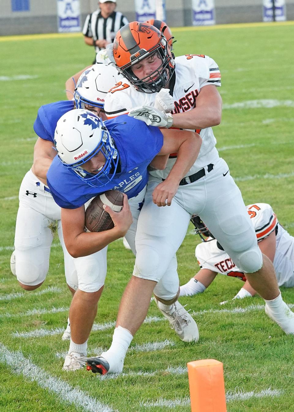 Adrian's Sean Parker dives for a first down while Tecumseh's Luke Dunham knocks him out of bounds during Friday's game.