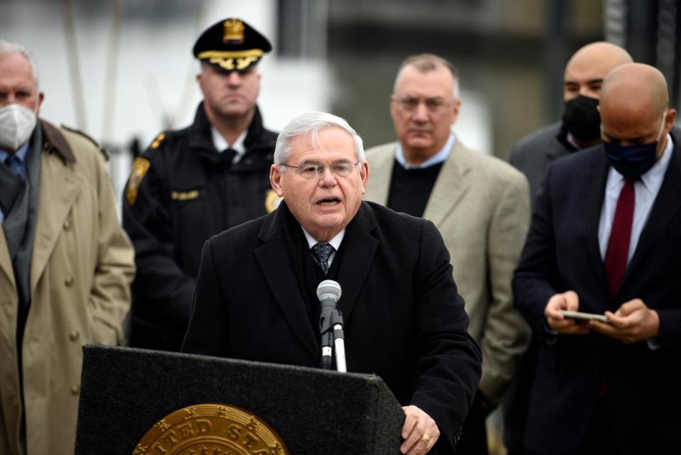 Senator Bob Menendez during a press conference on Tuesday, January 25, 2022, announcing planned construction on the Route 3 bridge in Secaucus.