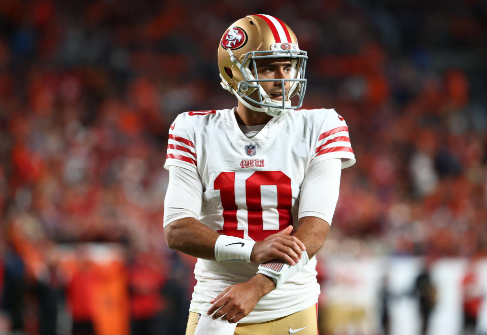 Jimmy Garoppolo had an embarrassing moment against the Broncos. (Photo by Jamie Schwaberow/Getty Images)