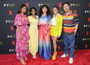 <p>Maitreyi Ramakrishnan, Charithra Chandran, Sandra Oh, Ashley Park and Randall Park attend 'Going for Gold: A Celebration of Netflix's Pan Asian Emmy Contenders' on May 16 in L.A. </p>
