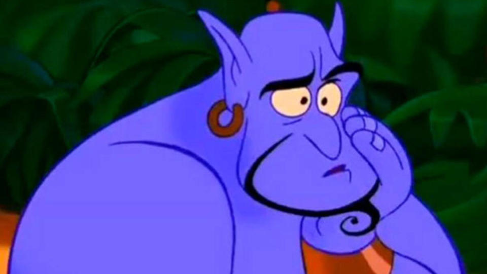 A still of the Genie looking stumped in Disney's Aladdin