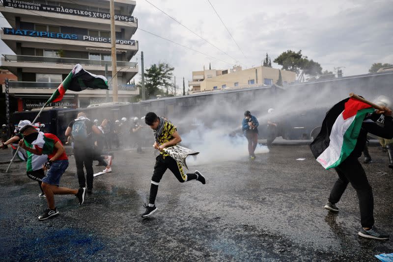 Demonstration outside the Israeli embassy, following a flare-up of Israeli-Palestinian violence, in Athens