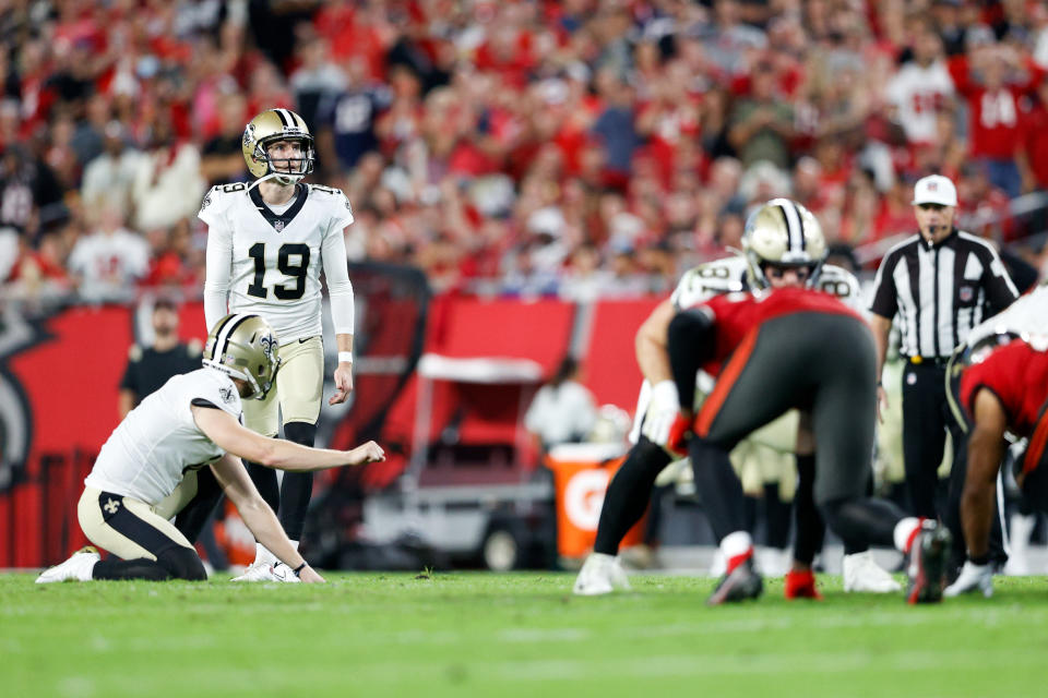 Dec 19, 2021; Tampa, Florida, USA; New Orleans Saints kicker Brett Maher (19) lines up to attempt a field goal in the second half against the Tampa Bay Buccaneers at Raymond James Stadium. Mandatory Credit: Nathan Ray Seebeck-USA TODAY Sports