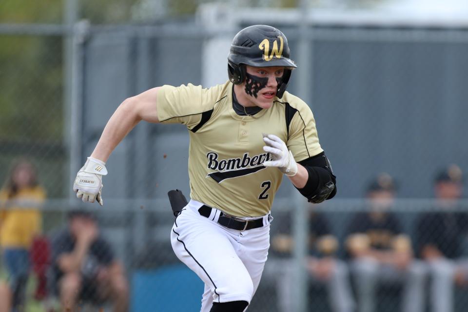 Windham’s Chase Eye sprints to first base during a baseball game against the Bristol Panthers Sunday, May 7, 2023 in Windham.