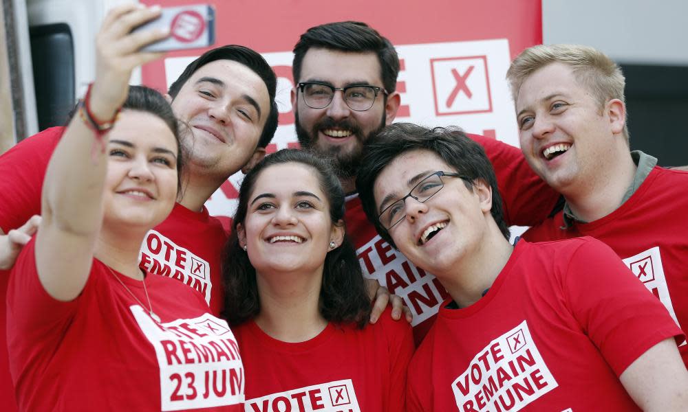 Young remain campaigners pose for a selfie.