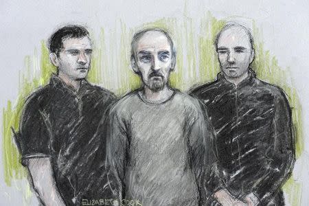 A court artist sketch by Elizabeth Cook shows Thomas Mair (C) appearing at Westminster Magistrates' Court in London, Britain June 18, 2016. Elizabeth Cook/Press Association via REUTERS/Files