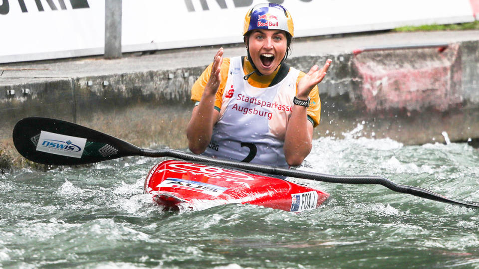 Jess Fox is seen here reacting with joy after a canoe slalom event.