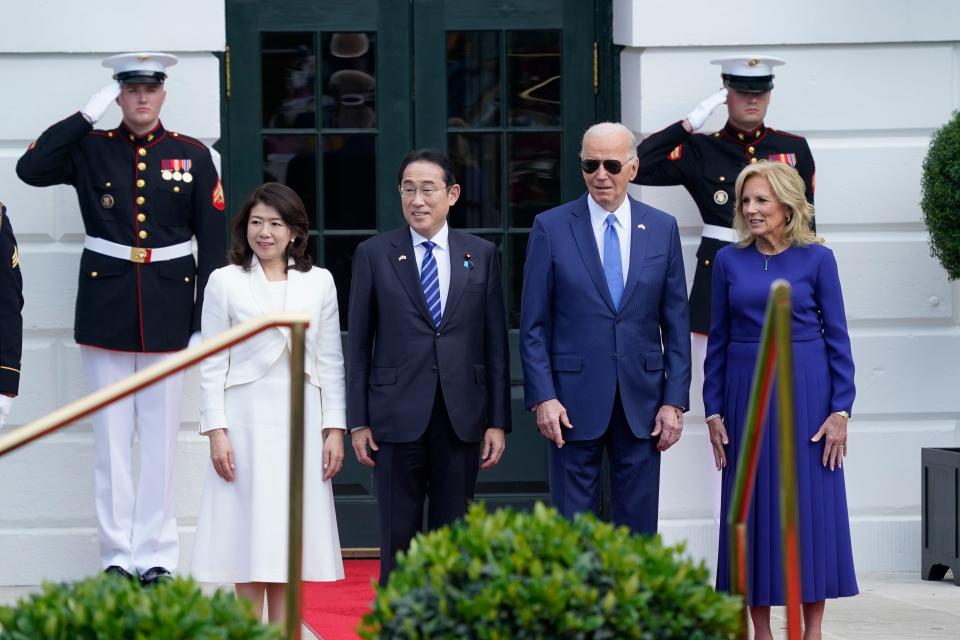 President Joe Biden, First Lady Jill Biden, Prime Minister Fumio Kishida and his wife Yuki Kishida pose in front of the White House. Prime Minister Fumio Kishida is set to address Congress in Washington, D.C., on April 10, 2024.