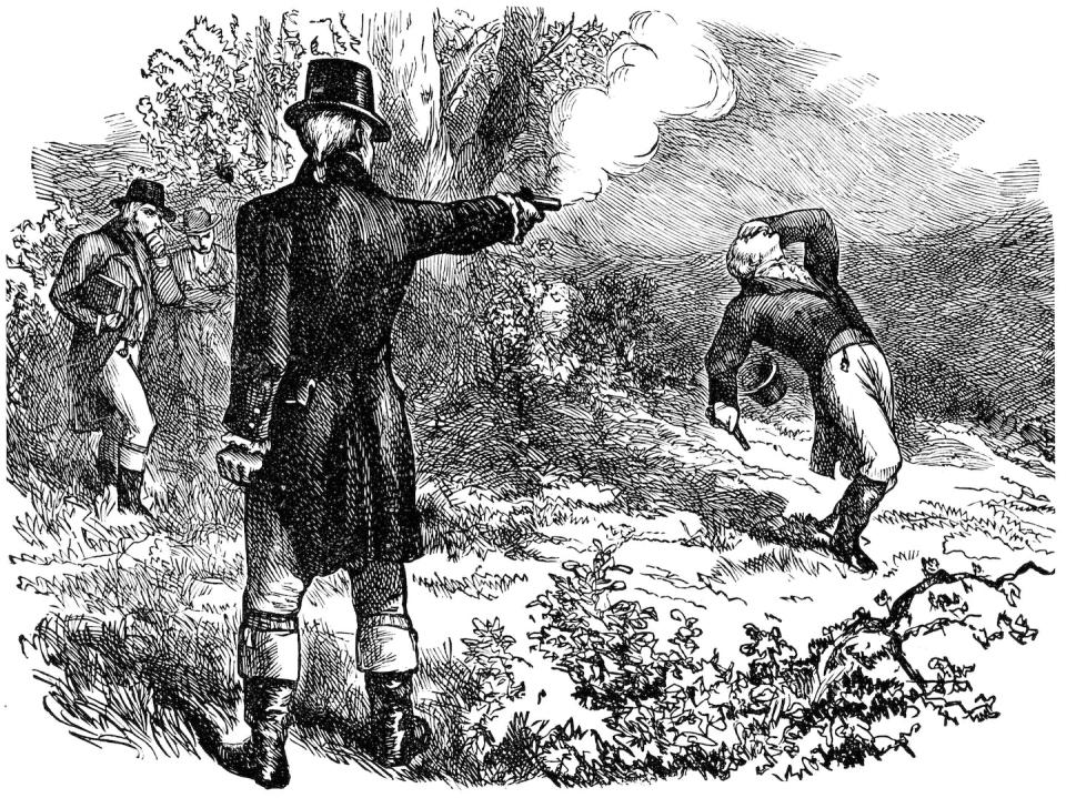 An artist’s depiction of the Burr–Hamilton duel on July 11, 1804. Hamilton was mortally wounded, and Burr was indicted for his death. <a href="https://www.gettyimages.com/detail/illustration/duel-between-burr-and-hamilton-royalty-free-illustration/489170896?adppopup=true" rel="nofollow noopener" target="_blank" data-ylk="slk:Ivan-96/DigitalVision Vectors via Getty Images;elm:context_link;itc:0;sec:content-canvas" class="link ">Ivan-96/DigitalVision Vectors via Getty Images</a>