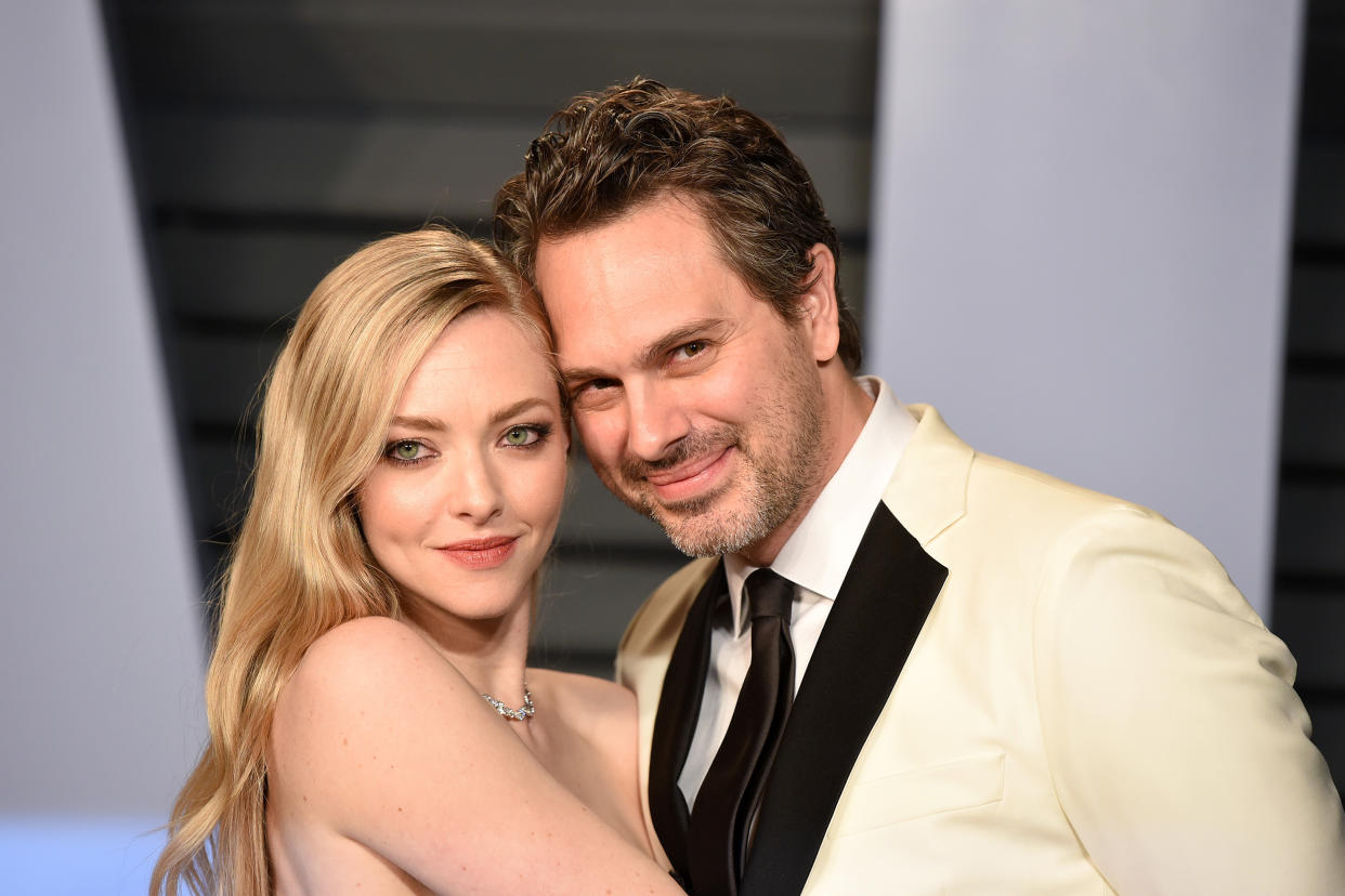Amanda Seyfried and Thomas Sadoski attends the 2018 Vanity Fair Oscar Party Hosted By Radhika Jones - Arrivals at Wallis Annenberg Center for the Performing Arts on March 4, 2018 in Beverly Hills, CA.  (Presley Ann / Patrick McMullan via Getty Images)
