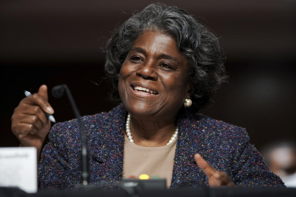 United States Ambassador to the United Nations nominee Linda Thomas-Greenfield testifies during for her confirmation hearing before the Senate Foreign Relations Committee on Capitol Hill, Wednesday, Jan. 27, 2021, in Washington. (Greg Nash/Pool via AP)