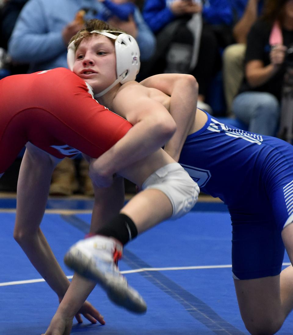 Mason Katschor of Dundee controls Cody Duvendack of Bedford going onto win the 106 pound match 16-5 at Dundee High School Wednesday, Jan. 31, 2024. The Vikings won the dual 61-3.