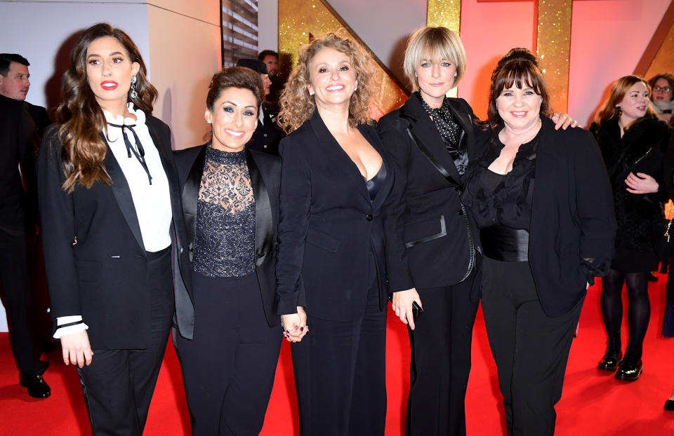 (left to right) Stacey Solomon, Saira Khan, Nadia Sawalha, Jane Moore and Coleen Nolan attending the National Television Awards 2019 held at the O2 Arena, London. (Photo by Ian West/PA Images via Getty Images)