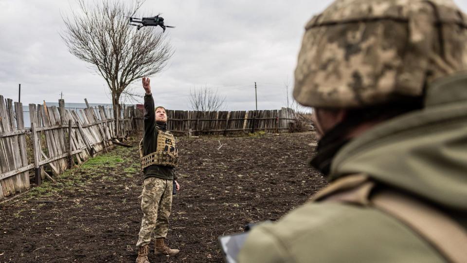 Ukrainian servicemen fly a drone on the outskirts of Bakhmut, eastern Ukraine, on Dec. 30, 2022. (Sameer al-Doumy/AFP via Getty Images)