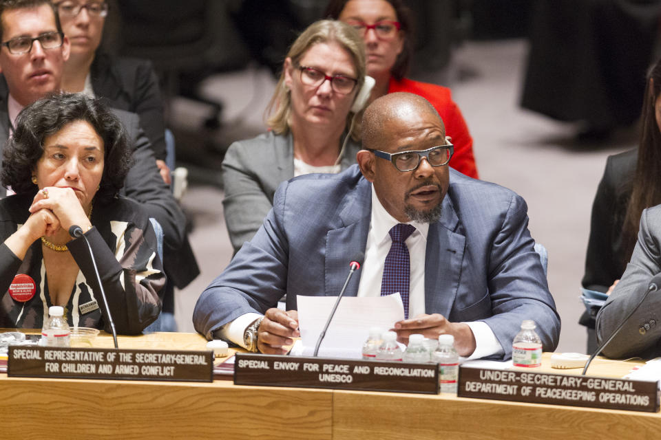 Forest Whitaker, artist and UNESCO Special Envoy for Peace and Reconciliation, addresses the Security Council session on Children and Armed Conflict in Sept. 2014. - Credit: UN Photo/Loey Felipe