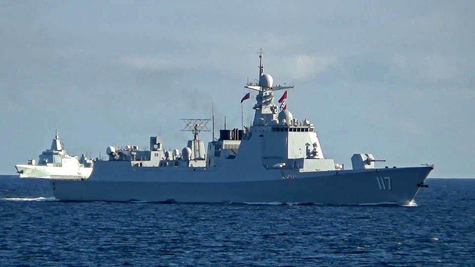 In this photo taken from video released by Russian Defense Ministry press service on Tuesday, Sept. 10, 2024, Russian and Chinese warships sail in the Peter the Great Gulf during Ocean-2024 strategic command and staff exercises in Russia. (Russian Defense Ministry Press Service via AP)