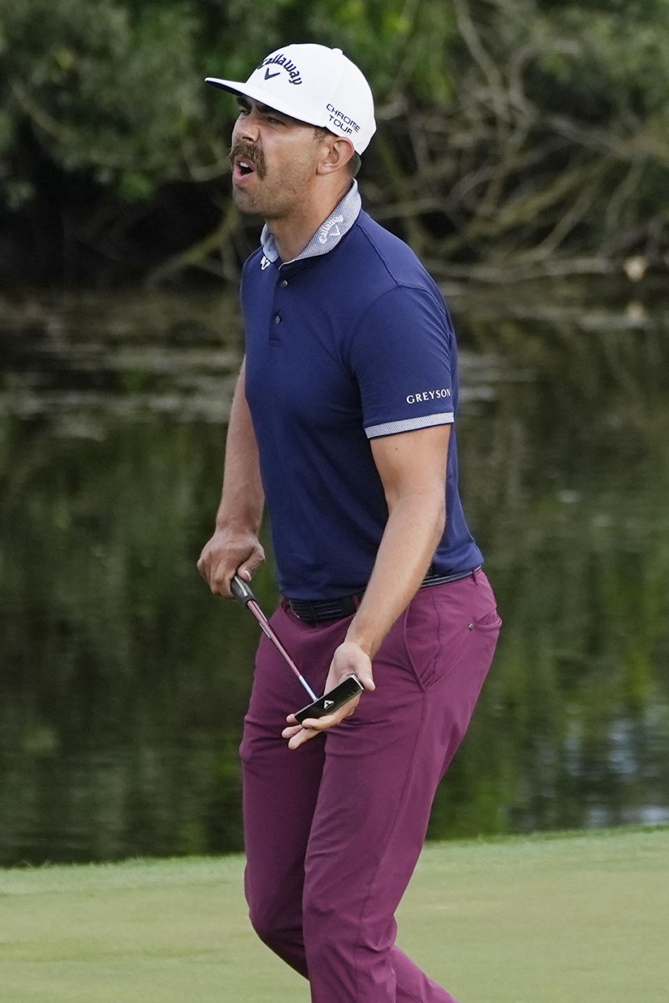 Erik van Rooyen, of South Africa, reacts after making a bogey on the 15th hole during the final round of the Cognizant Classic golf tournament, Sunday, March 3, 2024, in Palm Beach Gardens, Fla. (AP Photo/Marta Lavandier)