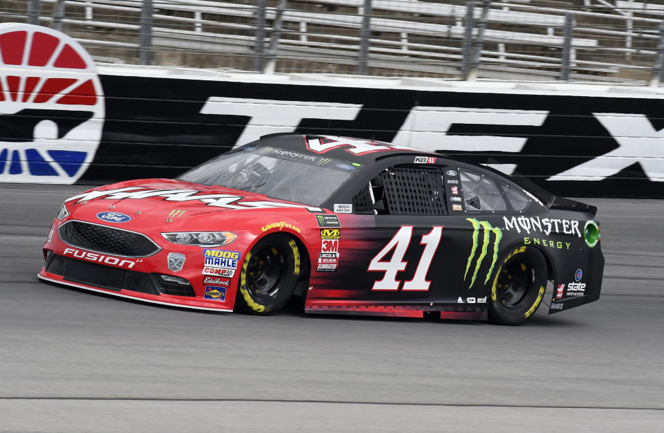 Kurt Busch comes out of Turn 4 during a practice session for a NASCAR Cup series auto race in Fort Worth, Texas, Friday, April 6, 2018. (AP Photo/Larry Papke)