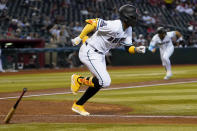 Arizona Diamondbacks' Geraldo Perdomo runs on his RBI base hit during the fourth inning of a baseball game against the Miami Marlins, Wednesday, May 10, 2023, in Phoenix. (AP Photo/Matt York)