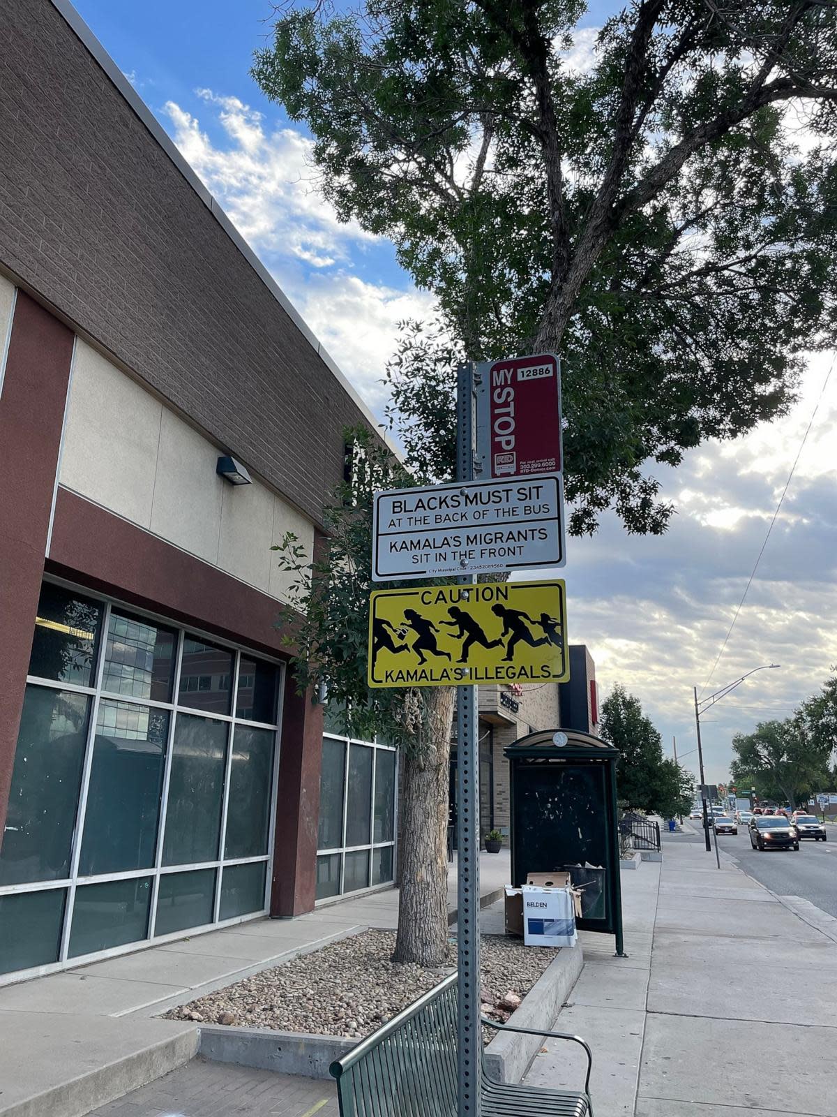 PHOTO: Signs depicting 'hateful, discriminatory' messages referencing Democratic presidential candidate Kamala Harris were posted to different bus stops around Denver overnight on Aug. 29, 2024, according to the state's Regional Transportation District. (Regional Transportation District/Flickr)