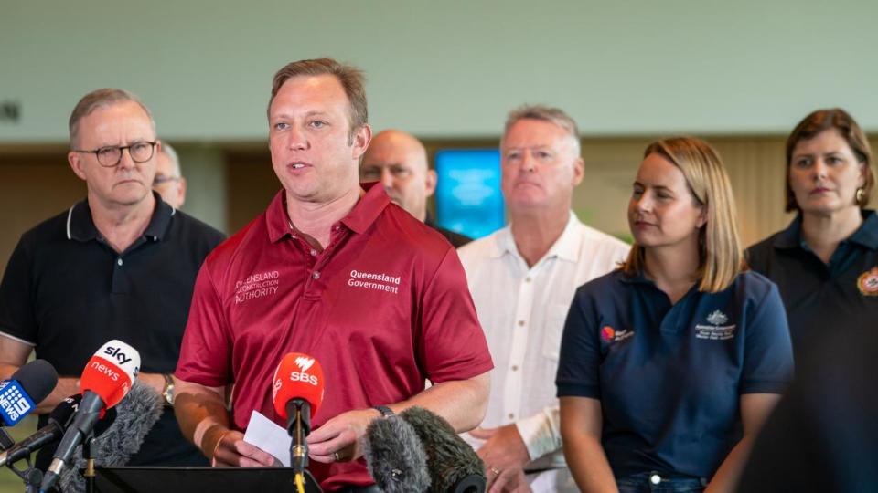 Prime Minister Anthony Albanese, Queensland premier Steven Miles and minister for emergency management Murray Watt addressing media in Cairns prior to Christmas. Picture: NCA NewsWire/ Emily Barker