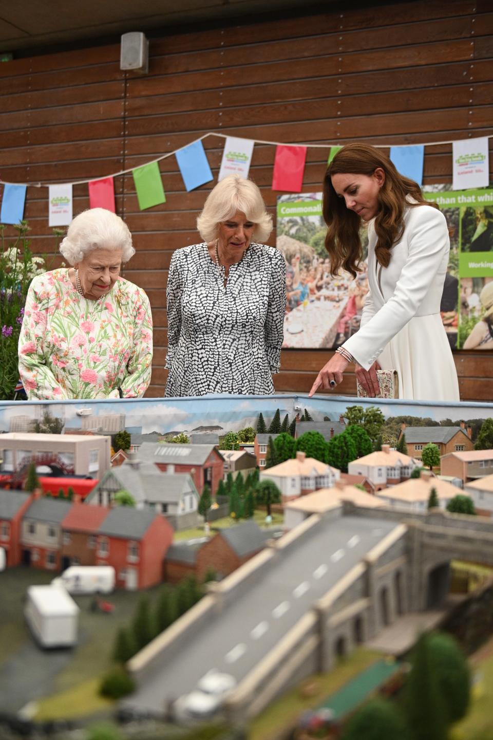 Queen Elizabeth, the Duchess of Cornwall, and the Duchess of Cambridge in 2021