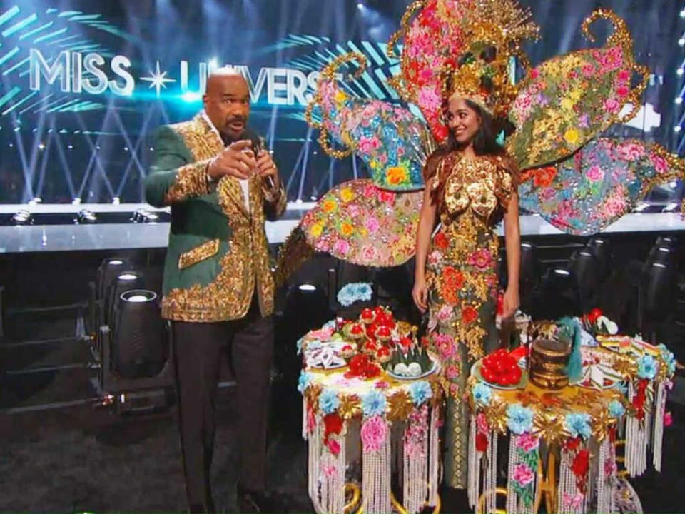 Steve Harvey seen here with Miss Universe Malaysia Shweta Sekhon.