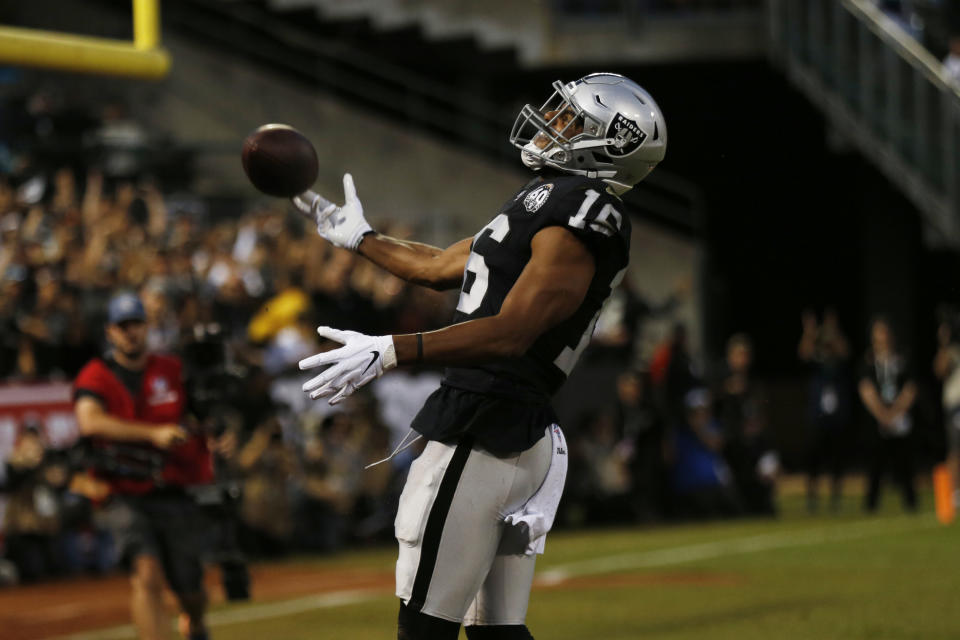 Oakland Raiders wide receiver Tyrell Williams celebrates after scoring a touchdown during the first half of an NFL football game against the Denver Broncos Monday, Sept. 9, 2019, in Oakland, Calif. (AP Photo/D. Ross Cameron)