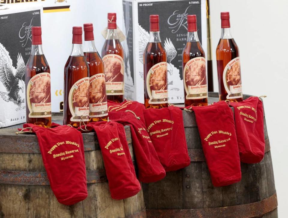 Some of the recovered Pappy Van Winkle’s Family Reserve 20 years old bourbon on display as Franklin Co. Sheriff Pat Melton talked about indictments in a whiskey theft ring during an afternoon news conference at the Franklin Co. Sheriff’s office in Frankfort, Ky., Tuesday, April 21, 2015.