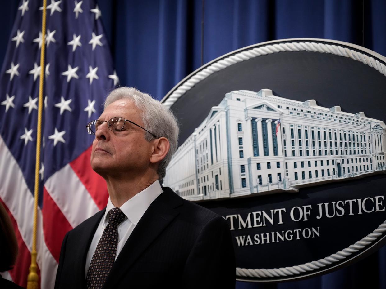 US Attorney General Merrick Garland pauses while speaking during a news conference at the US Department of Justice headquarters on January 27, 2023, in Washington, DC.