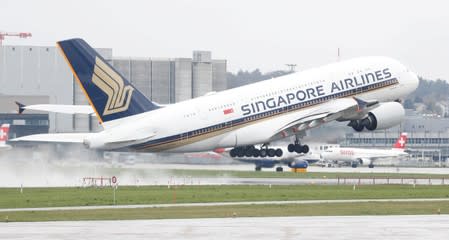 FILE PHOTO: An Airbus A380 aircraft of Singapore Airlines takes off from Zurich airport